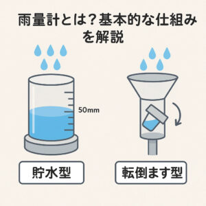 雨量計の仕組みを示すイラスト(貯水型と転倒ます型の比較)