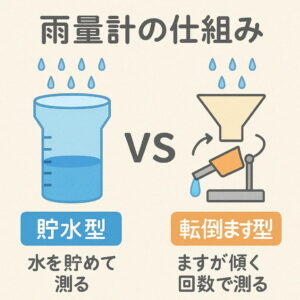 転倒ます型雨量計の動作イラスト(ますが傾いて排水される様子)
