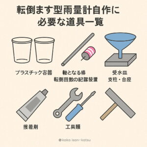 転倒ます型雨量計の自作に必要な道具を一覧で示したイラスト