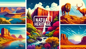 自然遺産を代表するランドマーク（アメリカのグランドキャニオン、オーストラリアのグレートバリアリーフ、タンザニアのキリマンジャロ山）を特徴とする画像。