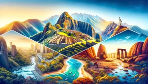複合遺産を代表するランドマーク（ペルーのマチュピチュ、中国の自然景観に囲まれた万里の長城、オーストラリアのウルル）を特徴とする画像。
