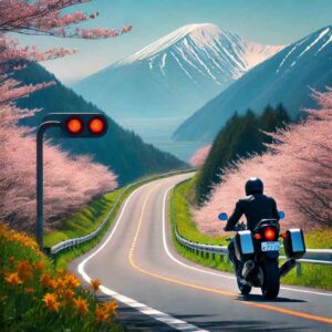 春の山道を走るライダー