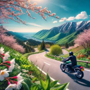 春の山道を走るライダー。