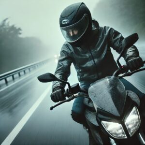 雨の日に走行するバイクと視界確保のために曇り止めを使用するヘルメット