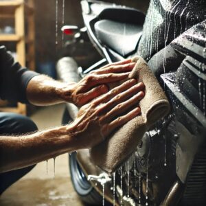 雨に濡れたバイクをタオルで拭き取り、メンテナンスを行う様子