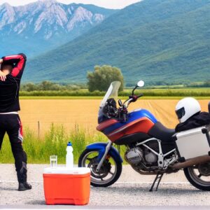 山々や広大な風景を背景に、バイクの横で休憩し、ストレッチをしているライダーの姿