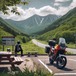 豊かな緑と山々に囲まれた北海道の美しい休憩所でバイクに乗った人