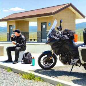 500kmの長距離ツーリング中に、サービスエリアで休憩をとるライダー。バイクを停め、景色を楽しみながら軽食と水分補給をしている様子。サービスエリアには、休憩用の設備が整っており、山々の景色が広がる。