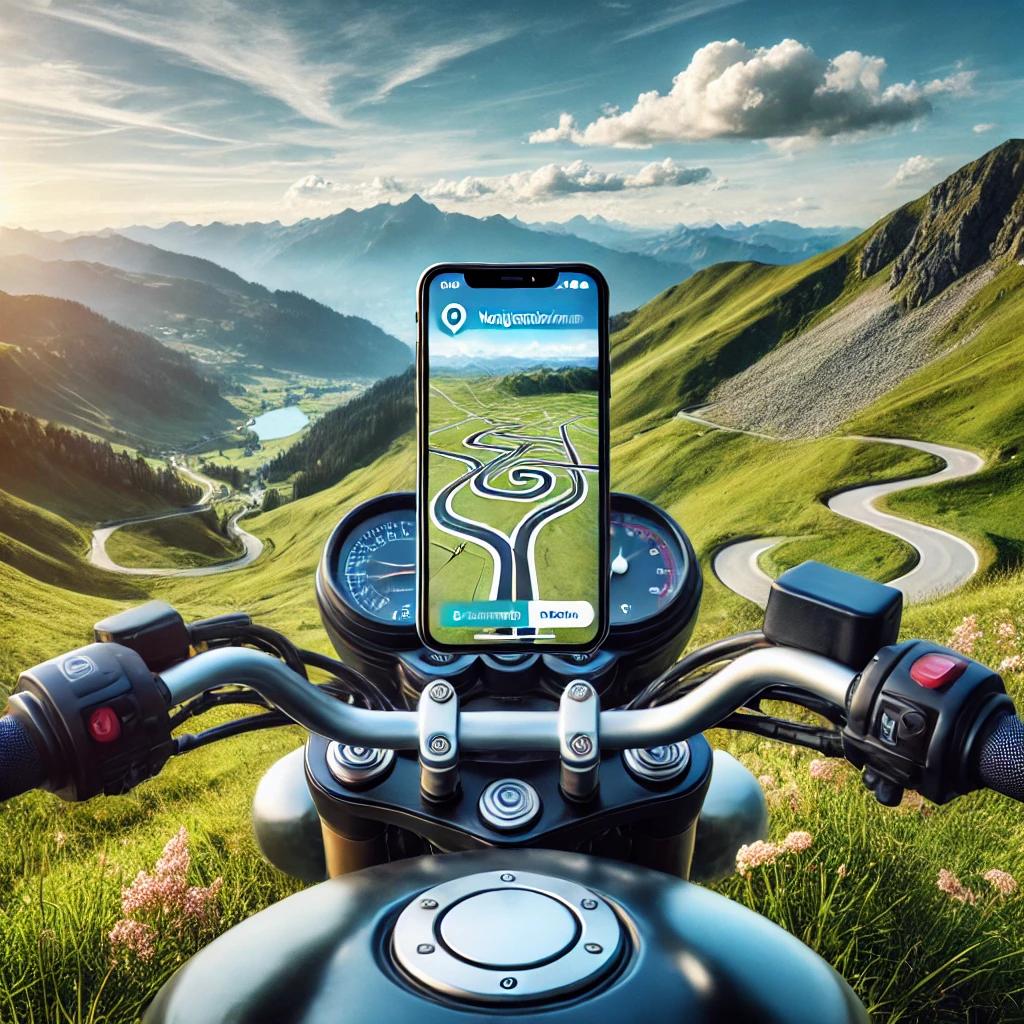 ツーリングサポーターを使用し、スマートフォンのナビアプリでルート案内をしているバイクが山道を走っている様子。青空と緑の山々が広がり、冒険と自由を象徴。