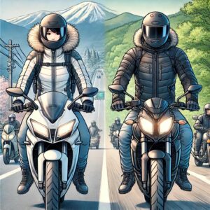 防寒・予防対策してバイクに乗るカップルが、日本の季節に合わせた装備を整えている。