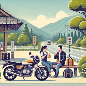 道の駅で休憩するカップルが、バイクを止めてリフレッシュしながら絶景を楽しんでいます。