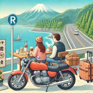 海沿いや山の間のカフェでひと休みしているカップルが、バイクを止めてリラックスしている。