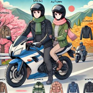 季節ごとの服装をしてバイクに乗っているカップルが、日本の自然の中を安全に走行している。