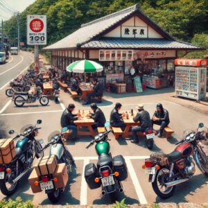 道の駅の駐車場にバイクが並び、ライダーが休憩中にスタンプを集めている様子