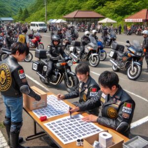 ライダーたちが公園のチェックポイントでスタンプを集め、イベントスタッフと交流している様子