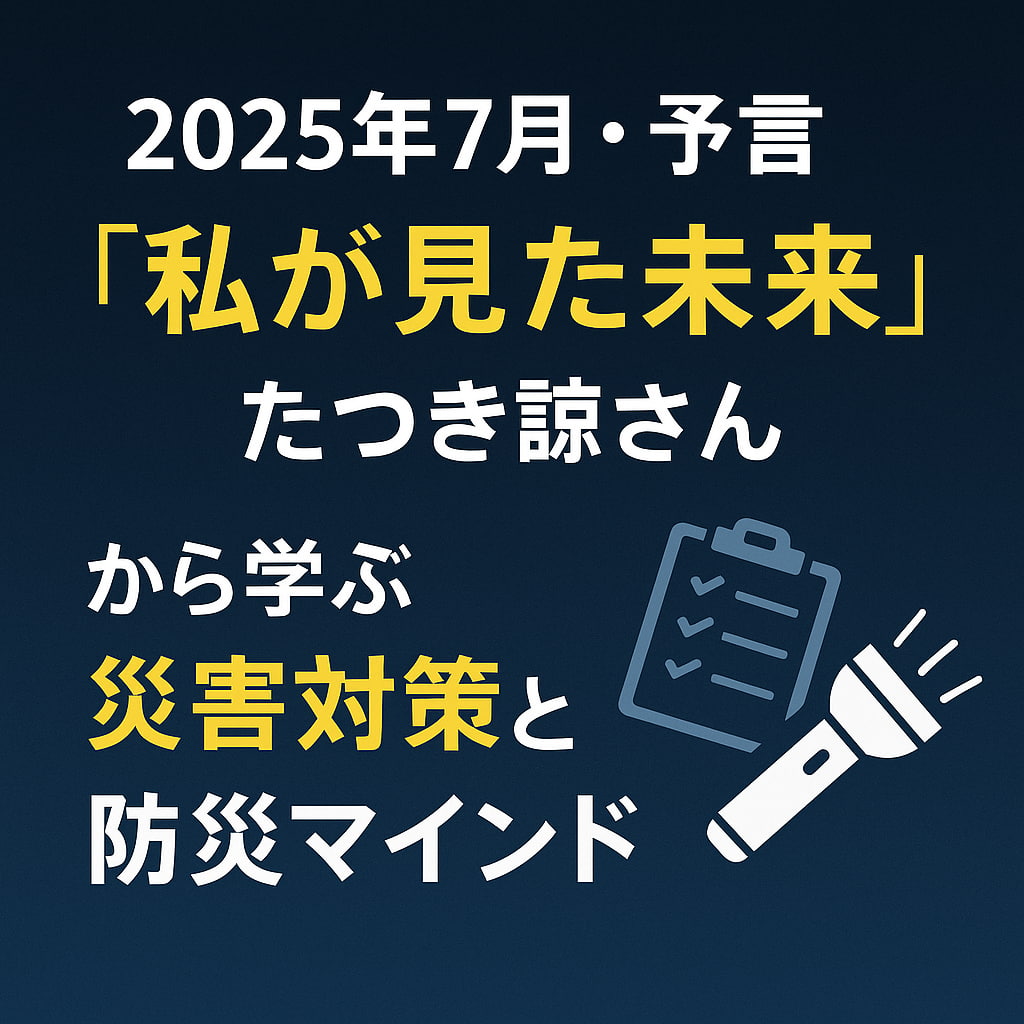 2025年7月の予言と災害対策を伝える日本語アイキャッチ画像。チェックリストと懐中電灯のイラスト入り。