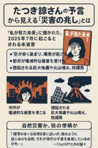 たつき諒さんの予言内容を視覚的に示した日本語インフォグラフィック。2025年7月に起きるとされる災害の描写とChatGPTのコメントを含む。