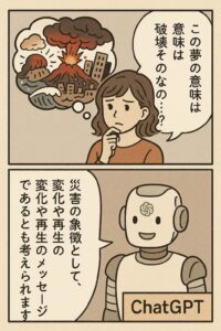 災害の夢をめぐる女性とChatGPTの対話を描いた2コマ漫画。破壊の夢が再生や変化のメッセージである可能性を語る。
