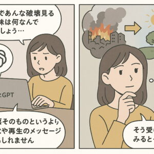 夢の破壊的イメージをChatGPTと対話する女性の2コマ漫画。破壊の意味を再生として受け止め始める心の変化を描写。