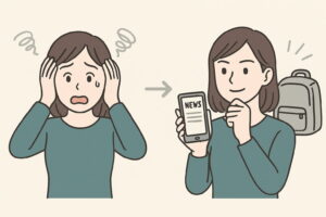 アウトドア用のコンロ・寝袋・ランタンを災害時にも使う女性のイラスト。日常と非常時の備えを兼ねる発想を表現。