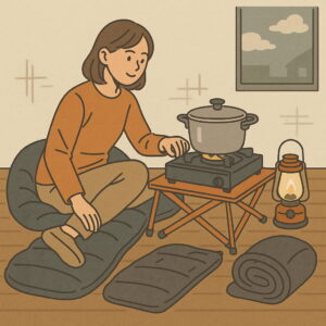 室内で寝袋とポータブルコンロを使って調理する女性のイラスト。災害時にキャンプ用品を活用する様子を描く。