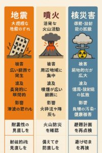 地震・火山噴火・核災害の3つを比較した日本語インフォグラフィック。被害の範囲、波及性、影響の違いを図解。