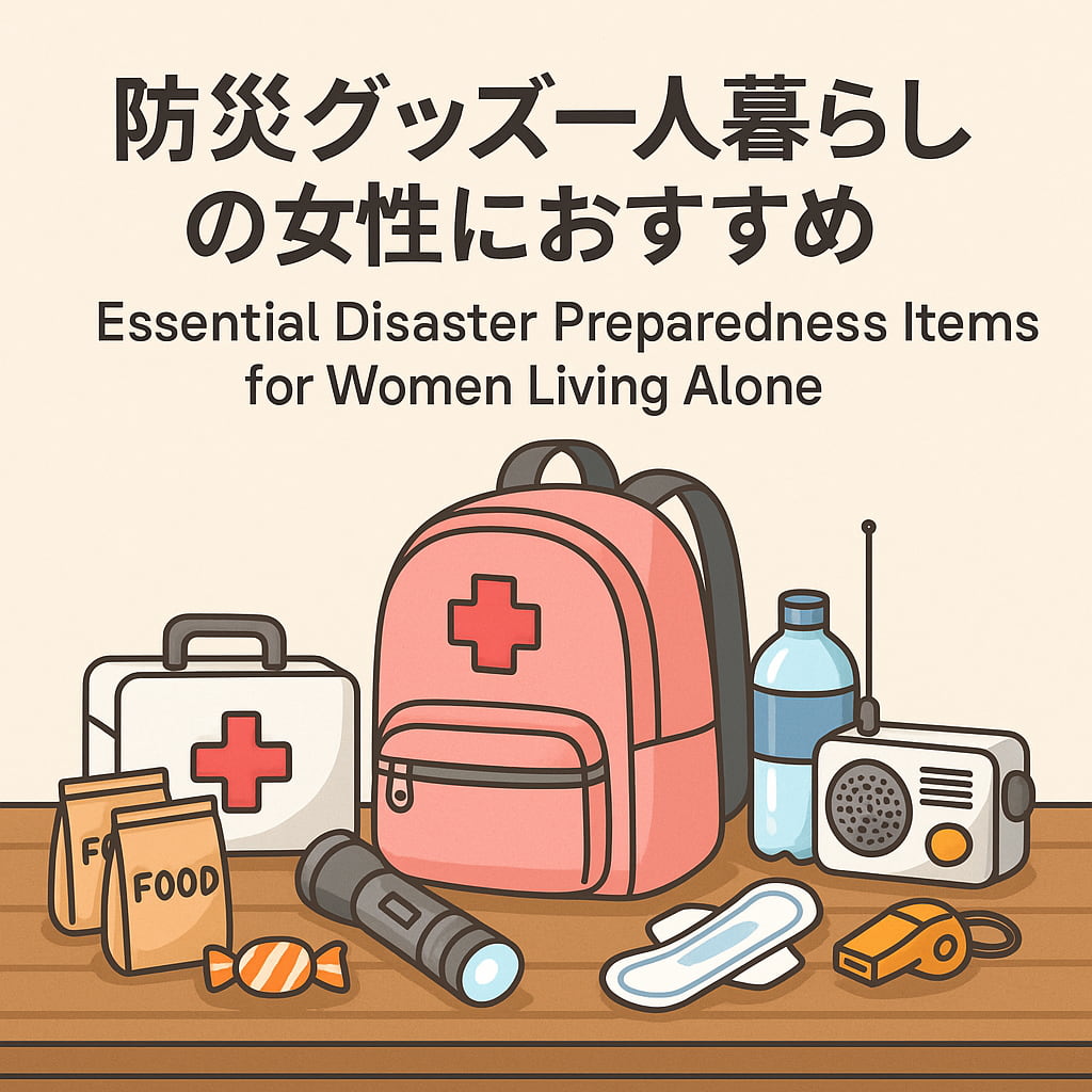 一人暮らし女性向け防災グッズのイラスト。ピンクの防災リュック、懐中電灯、非常食、水、ホイッスルなどが並ぶ。