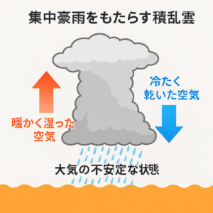 積乱雲が発達する仕組みを示す図。暖かく湿った空気が上昇し、冷たく乾いた空気が下降することで大気が不安定になり、積乱雲が集中豪雨をもたらす様子が描かれている。"