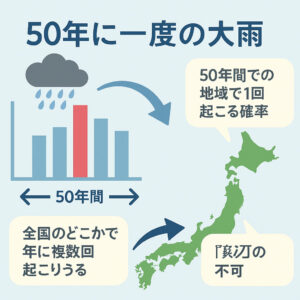 "50年に一度の大雨の意味を示す図。棒グラフと日本地図を用いて、地域ごとに50年間に1回の確率で発生するという統計的な説明と、全国的には毎年複数回起こり得ることを解説している。"