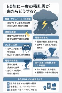 "50年に一度の積乱雲への対応を説明する日本語の防災図解。強風、雷、ひょう、竜巻、集中豪雨それぞれの注意点と行動、備えるべき防災用品がイラスト付きで整理されている。"