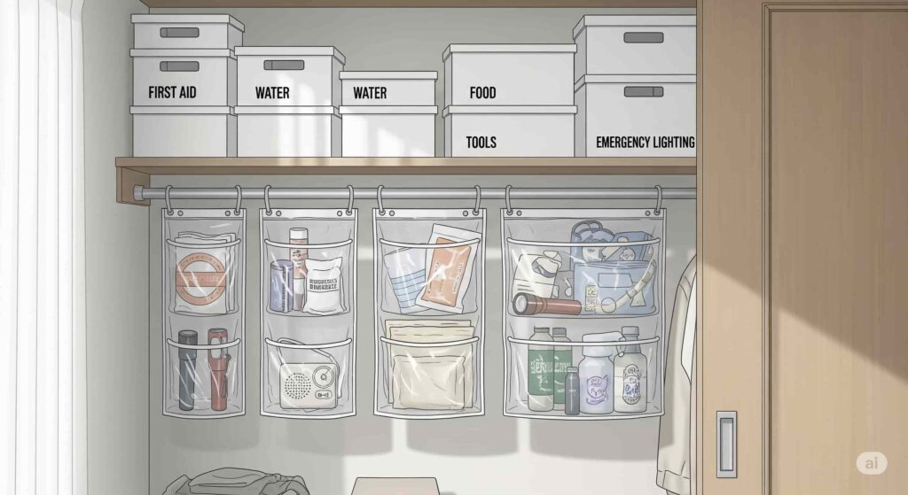 無印良品の収納用品で整理された防災セットのイラスト:ポリプロピレンボックスや吊り下げ式ポーチ。