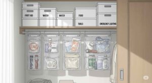 無印良品の収納用品で整理された防災セットのイラスト：ポリプロピレンボックスや吊り下げ式ポーチ。