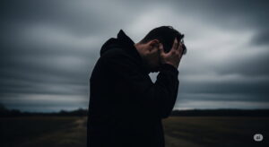 重たい曇り空の下で、頭に手を当ててうなだれる人物のシルエット。