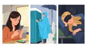 災害時に実際に役立った防災グッズを使っている女性たちのイラスト：モバイルバッテリー、簡易トイレ、アイマスクなど。