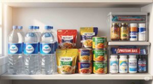一人暮らしで備蓄すべき食料と飲料のイラスト：水、レトルト食品、缶詰、栄養補助食品。