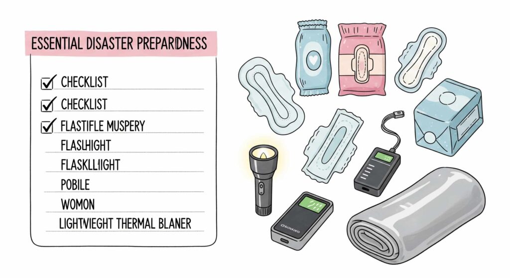 女性向けの防災必須アイテムリストのイラスト：衛生用品、懐中電灯、モバイルバッテリー、防寒具など。