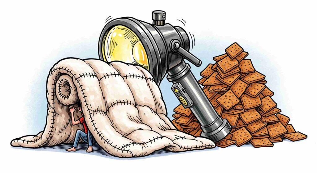 地震で不要とされた防災グッズのイラスト：大きな毛布、大量の乾パン、重い懐中電灯など。