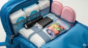 女性向けの防災バッグの中身のイラスト：衛生用品、懐中電灯、モバイルバッテリー、折りたたみスリッパ、飴。