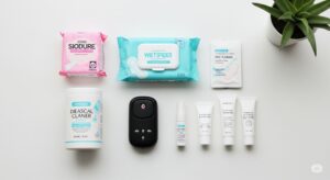  女性が本当に必要とする防災グッズのイラスト：生理用品、除菌シート、防犯ブザー、基礎化粧品。