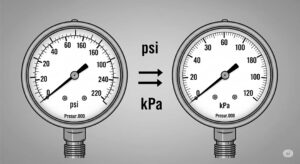 「psi」と「kPa」の目盛りを持つ2つの圧力計と、それらを結ぶ矢印のイラスト。