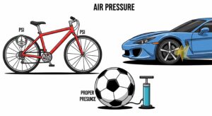自転車、車、サッカーボールが並んだイラスト。