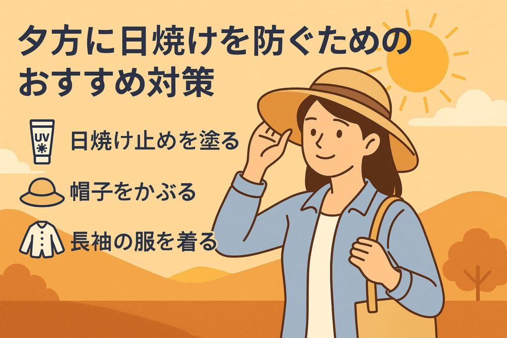 帽子・日傘・UVクリームなどの対策をする女性のイラスト