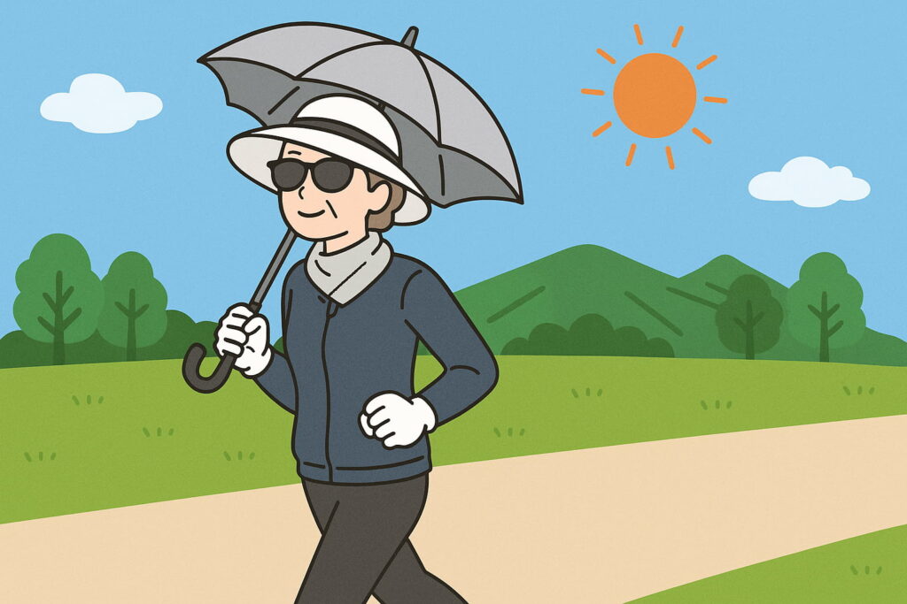 正午の強い日差しの下で日傘をさす人のイラスト