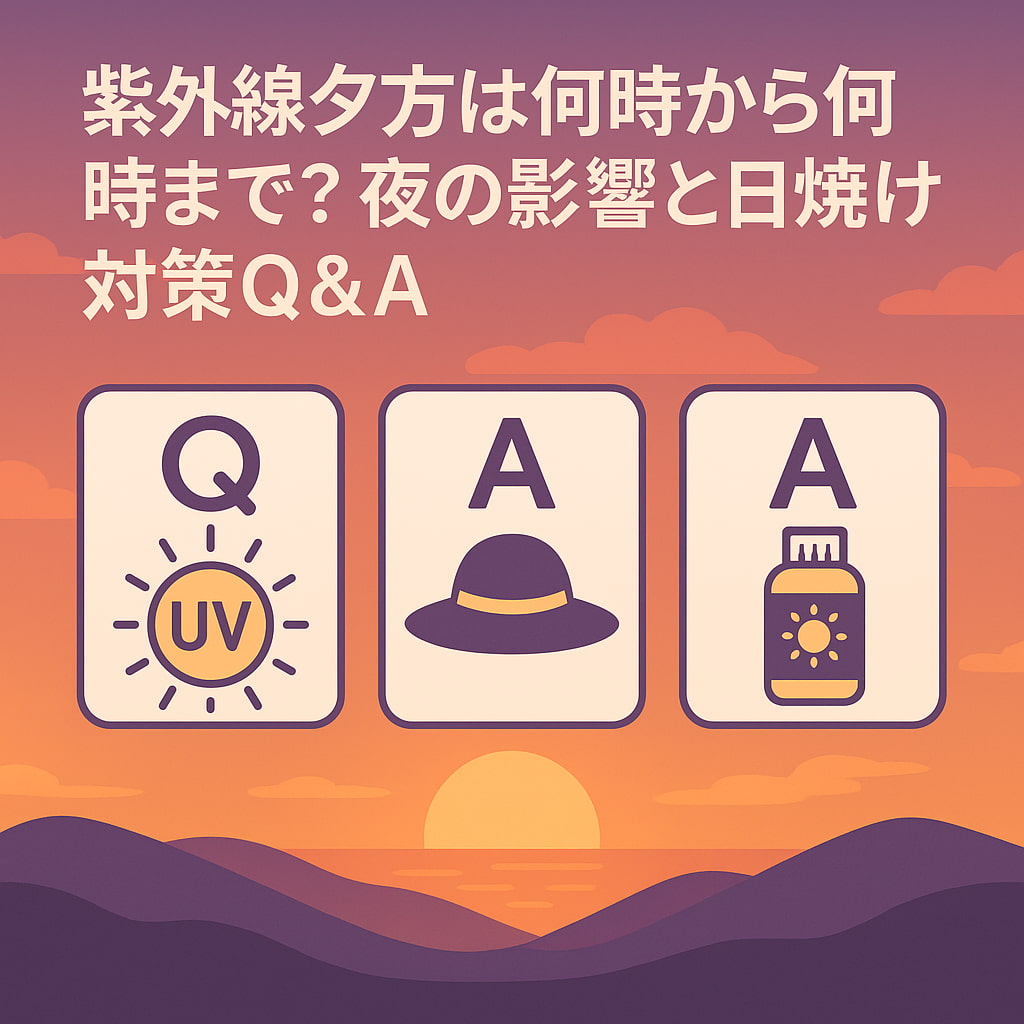 夕焼けの空とともにUV対策Q&Aを象徴するアイコンが並ぶイラスト