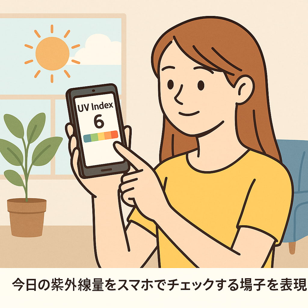 紫外線予報アプリを操作する女性のイラスト