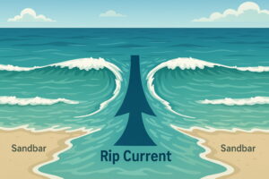 海岸から沖合に向かって強く流れる離岸流を上空から描いたイラスト。波の流れや砂州の位置が視覚的にわかる構図(AI生成)