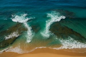 海岸の砂州と岩礁が形成する離岸流の流れを上空から撮影した写真(AI生成)