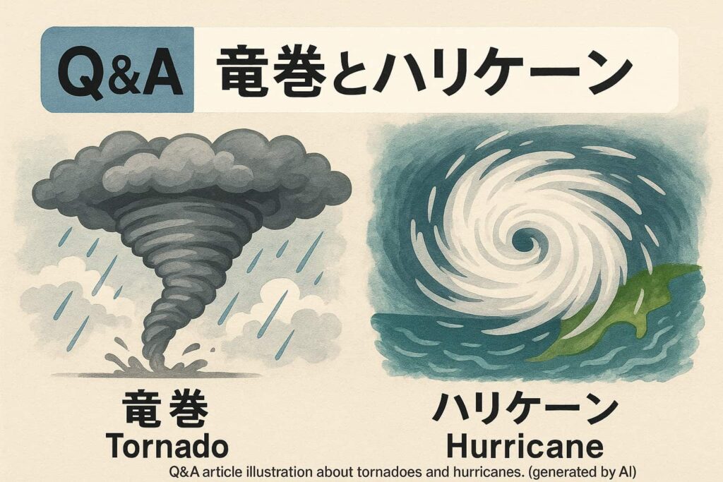 竜巻とハリケーンの違いを図解した教育用イラスト、記事のQ&A見出しに対応した内容(AI生成)