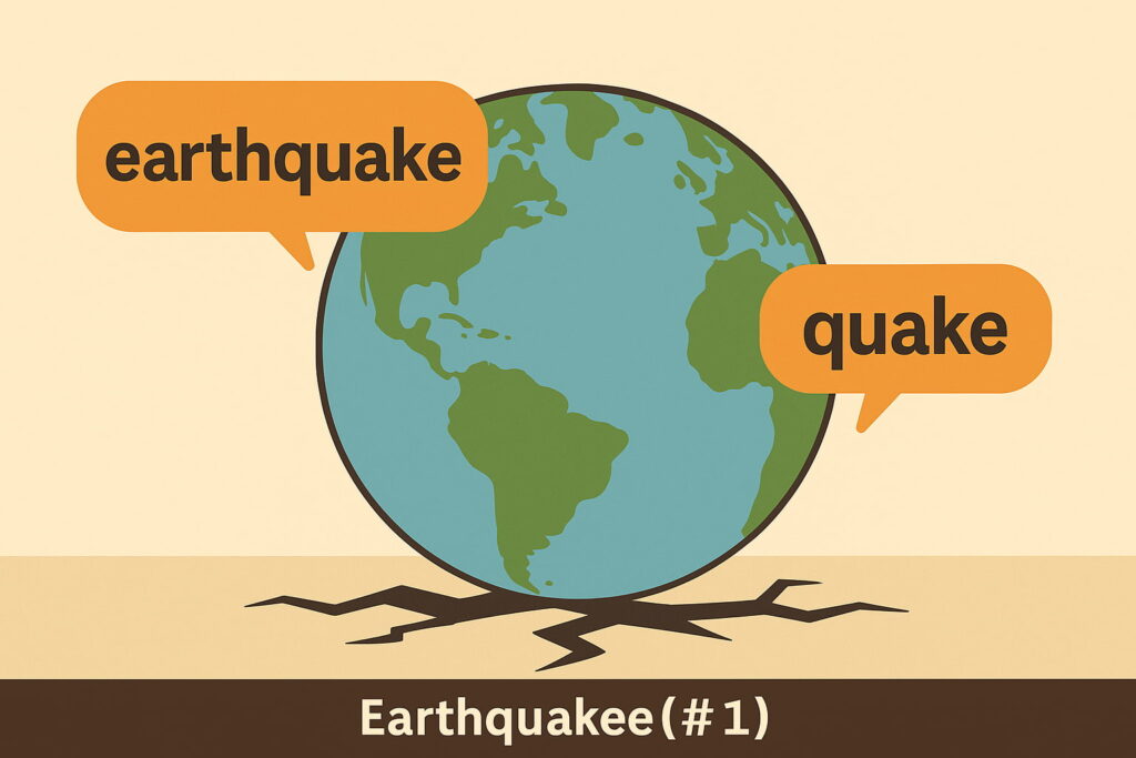 地球の前に「earthquake」と「quake」の吹き出しが表示された、地震の英語表現を象徴するイラスト(AI生成)