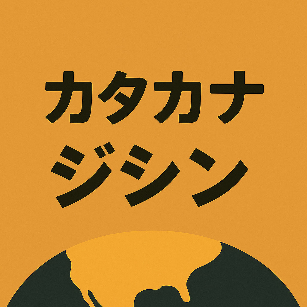 オレンジ色の背景に黒いカタカナで「カタカナ」「ジシン」と書かれたシンプルなイラスト(AI生成)